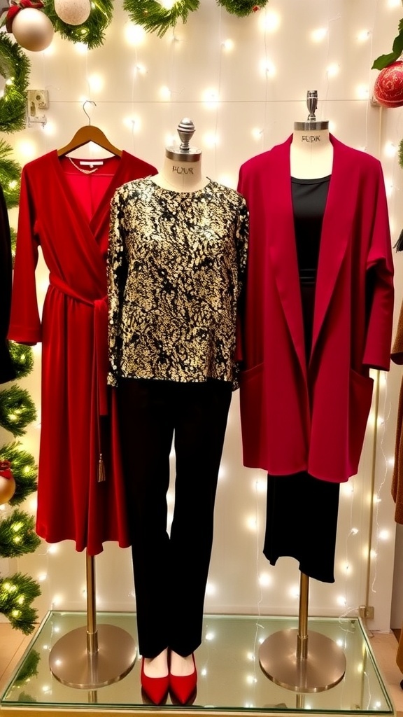 Charming Christmas Party Outfit Ideas A collection of cute Christmas party outfits including a red dress, sequin top, and oversized cardigan, set against a festive backdrop.